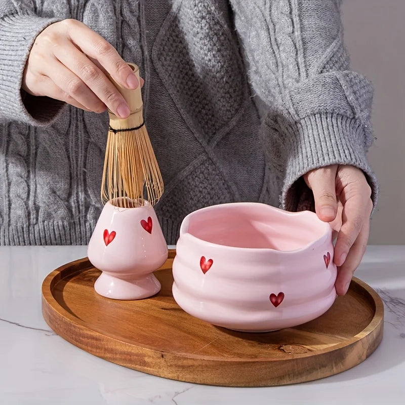 Ceramic Matcha Set with Pink Heart Decals - Complete Matcha Bowl, Whisk, Holder, Bamboo Scoop, and Sifter