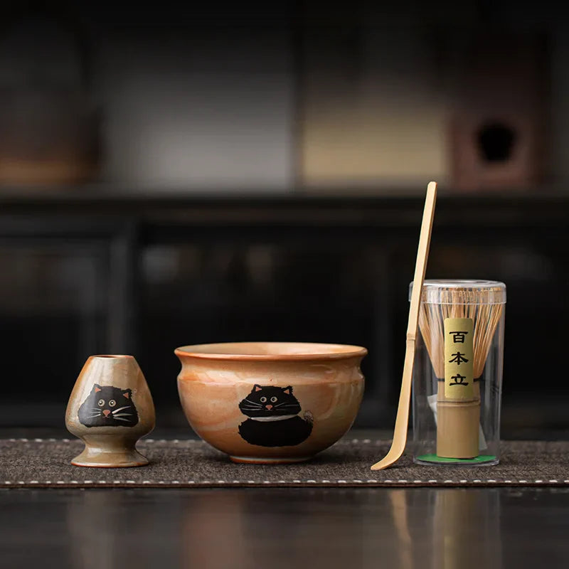 Cute Cat Matcha Gift Set with Bamboo Whisk, Ceramic Bowl, and Scoop – Matcha Tea Set for Tea Lovers