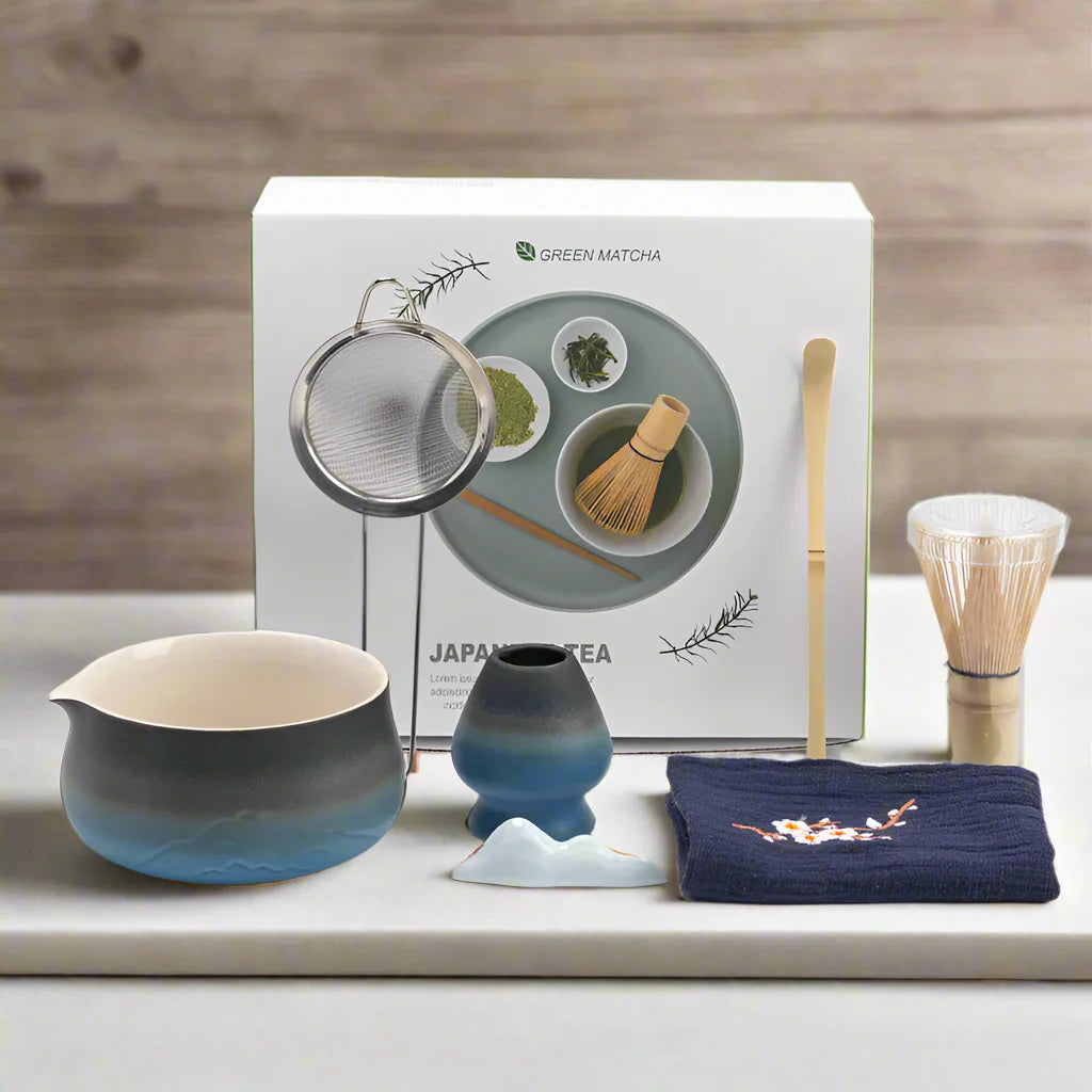 Japanese Matcha Tea Set with Ceramic Bowl, Bamboo Whisk, Spoon Holder & Strainer – Ideal Tea Gift Set for Authentic Tea Ceremonies
