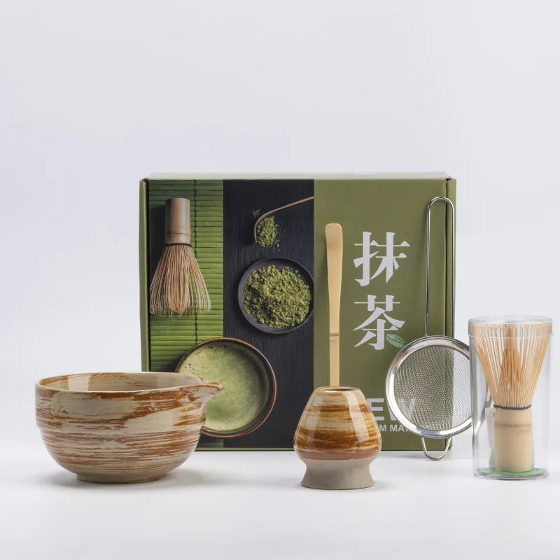 Rustic Hand Glazed 5-Piece Ceramic Matcha Set with Bamboo Whisk and Tea Tools