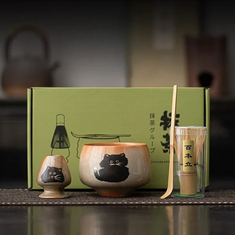 Cute Cat Matcha Gift Set with Bamboo Whisk, Ceramic Bowl, and Scoop – Matcha Tea Set for Tea Lovers