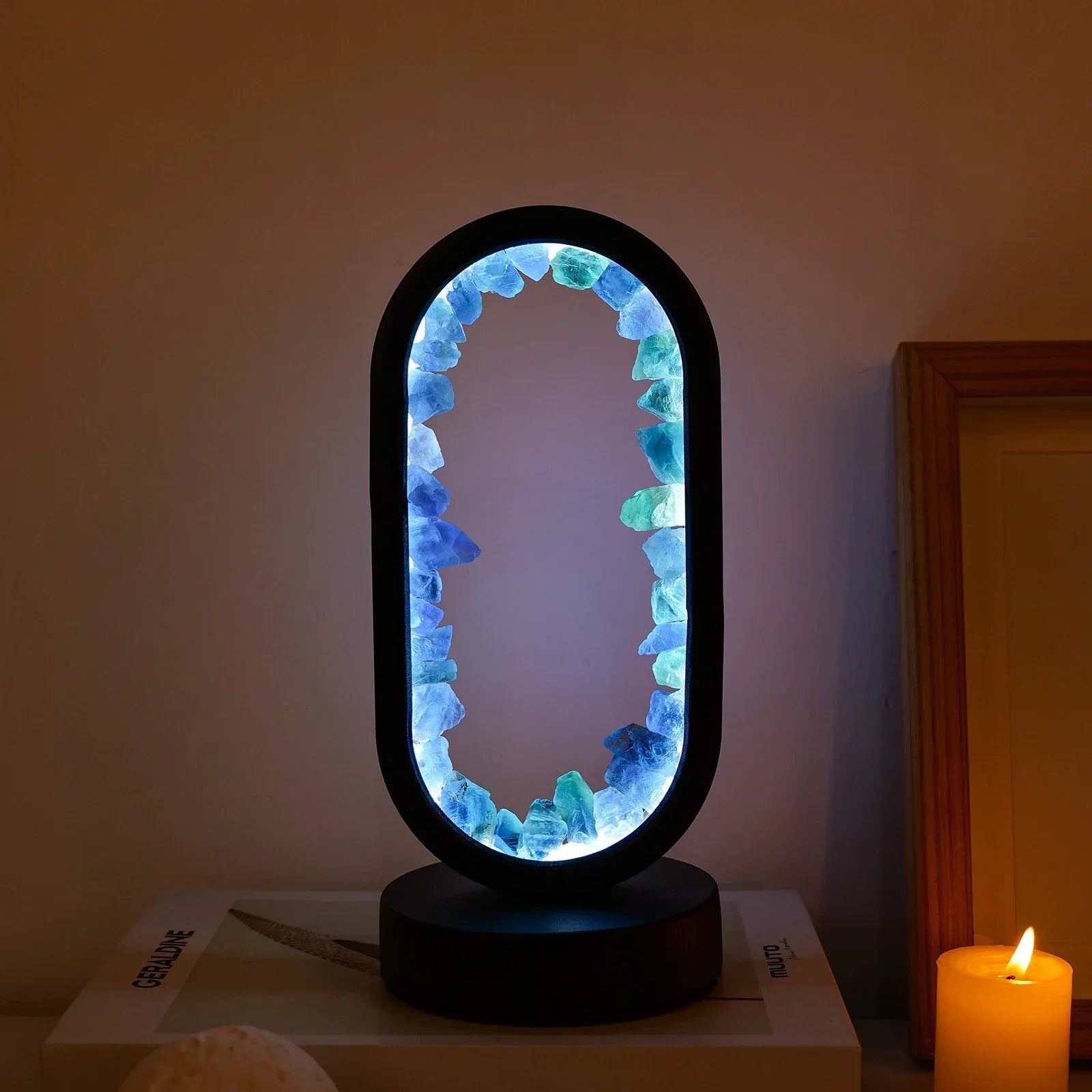 Amethyst crystal LED table lamp with oval frame, ambient night light for bedroom or meditation space decor
