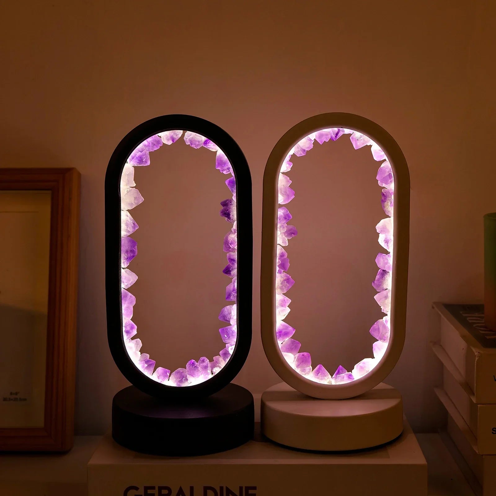 Amethyst crystal LED table lamp with oval frame, ambient night light for bedroom or meditation space decor