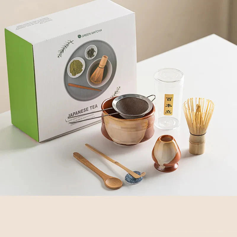 Vintage 7-Piece Matcha Set with Ceramic Bowl, Chasen Whisk, and Bamboo Scoop for Traditional Tea Ceremony