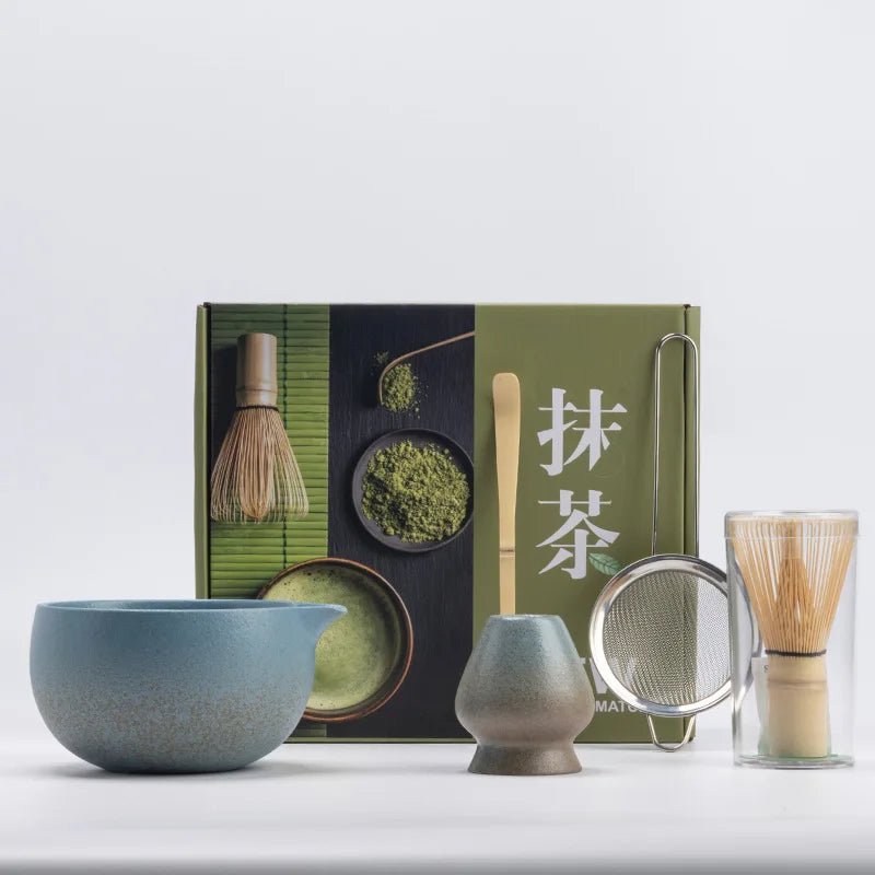 Rustic Hand Glazed 5-Piece Ceramic Matcha Set with Bamboo Whisk and Tea Tools