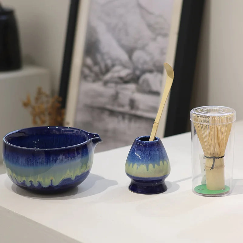 Glaze Gradient Matcha Tea Set – 4-Piece Ceramic Bowl with Bamboo Whisk and Scoop