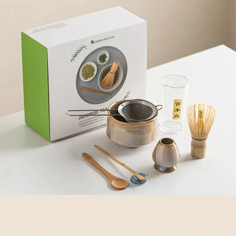 Vintage 7-Piece Matcha Set with Ceramic Bowl, Chasen Whisk, and Bamboo Scoop for Traditional Tea Ceremony