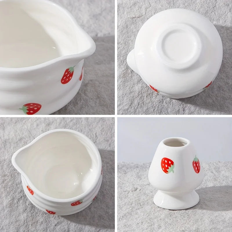 Japanese Strawberry Matcha Bowl Set with Whisk – Cute Ceramic Tea Bowl for Authentic Matcha Experience