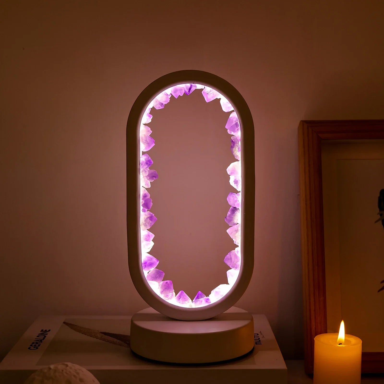 Amethyst crystal LED table lamp with oval frame, ambient night light for bedroom or meditation space decor