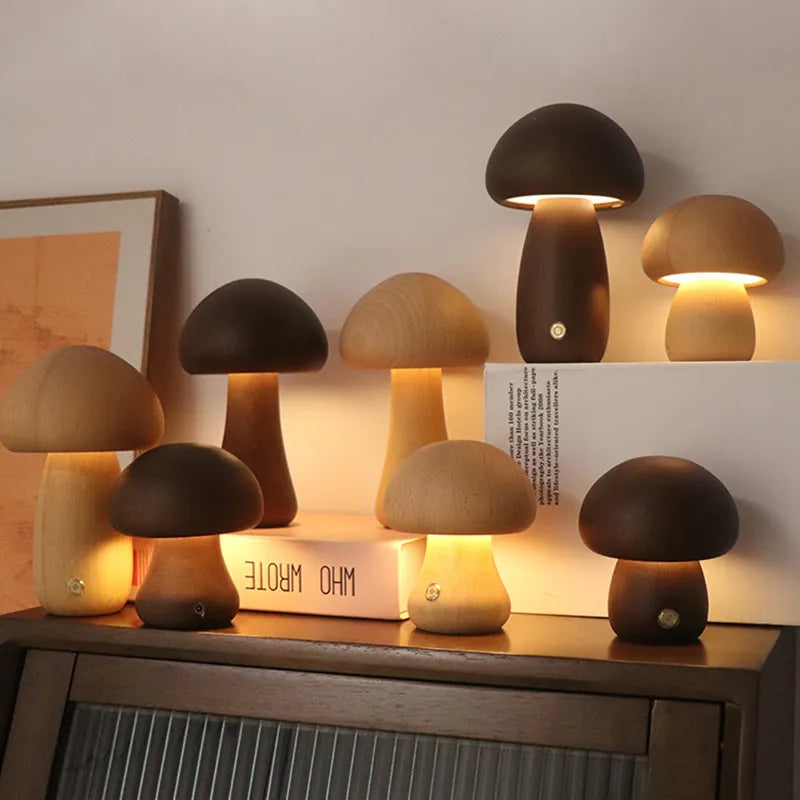 Wooden mushroom-shaped LED night light, rechargeable table lamp for bedroom or cozy home decor