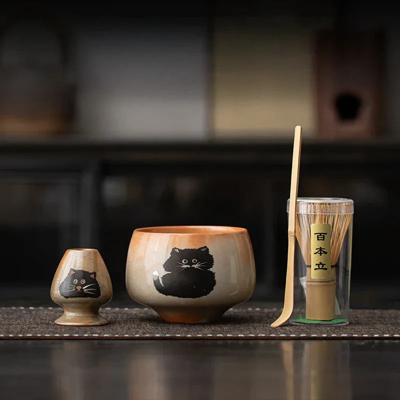 Cute Cat Matcha Gift Set with Bamboo Whisk, Ceramic Bowl, and Scoop – Matcha Tea Set for Tea Lovers