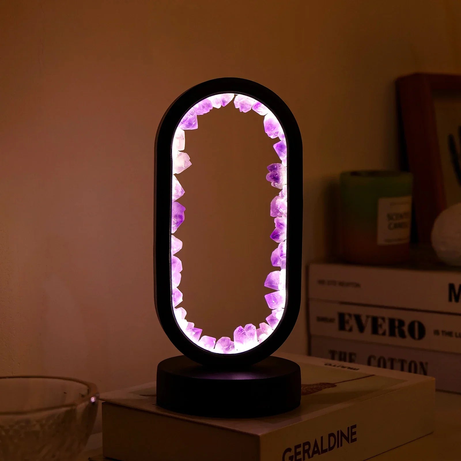 Amethyst crystal LED table lamp with oval frame, ambient night light for bedroom or meditation space decor
