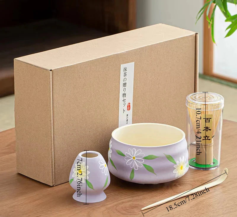 Elegant Ceramic Matcha Teaware Set with Whisk and Spoon – Dark Red with Cherry Blossom Design for Authentic Japanese Tea Experience