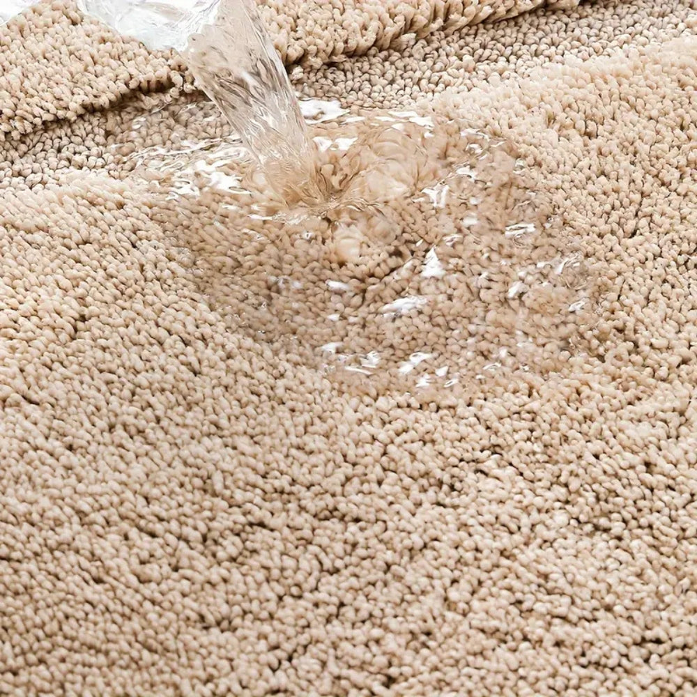 Beige oval bathroom rug, soft absorbent bath mat with non-slip backing, plush microfiber floor rug for tub or shower