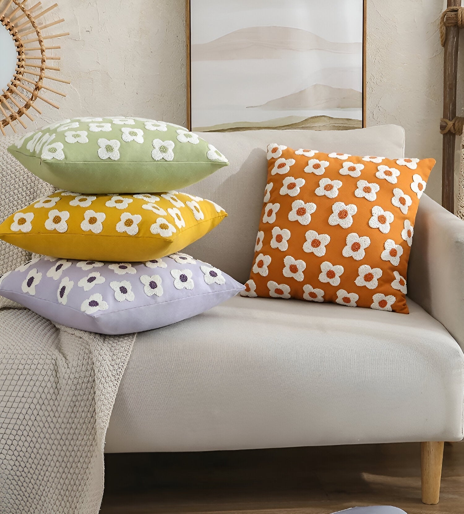 Sofa cushion – Cotton blend – Embroidered floral design – Cozy square and rectangular home accent