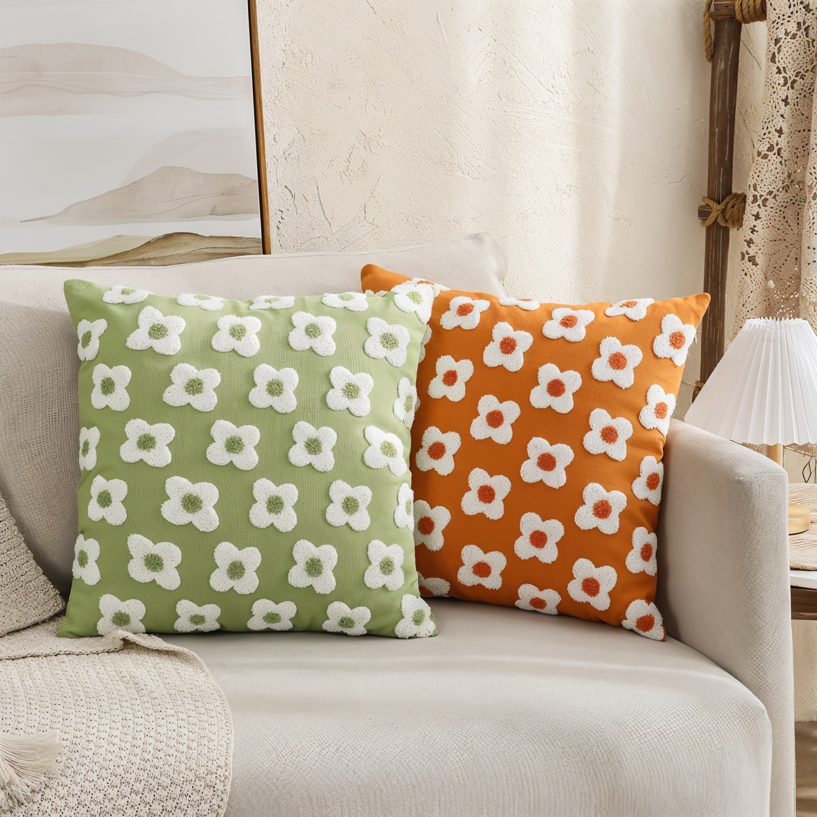 Sofa cushion – Cotton blend – Embroidered floral design – Cozy square and rectangular home accent