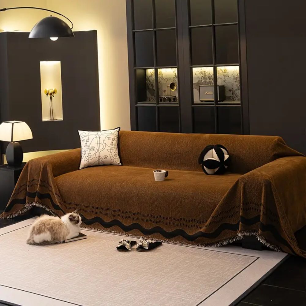 Brown woven sofa cover with black border design, modern couch protector for living room furniture and home decor