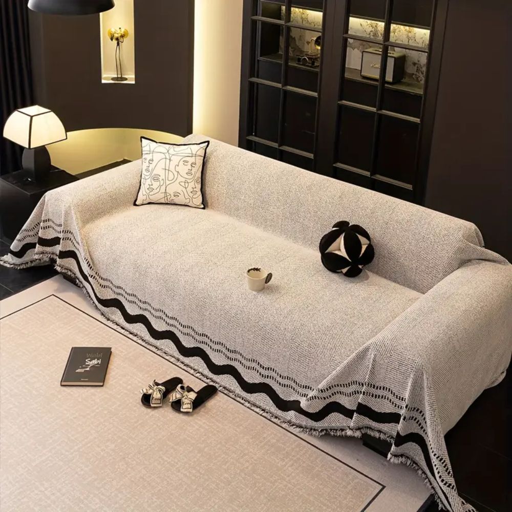 Brown woven sofa cover with black border design, modern couch protector for living room furniture and home decor