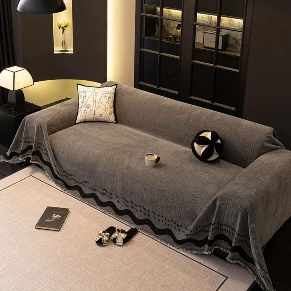 Brown woven sofa cover with black border design, modern couch protector for living room furniture and home decor