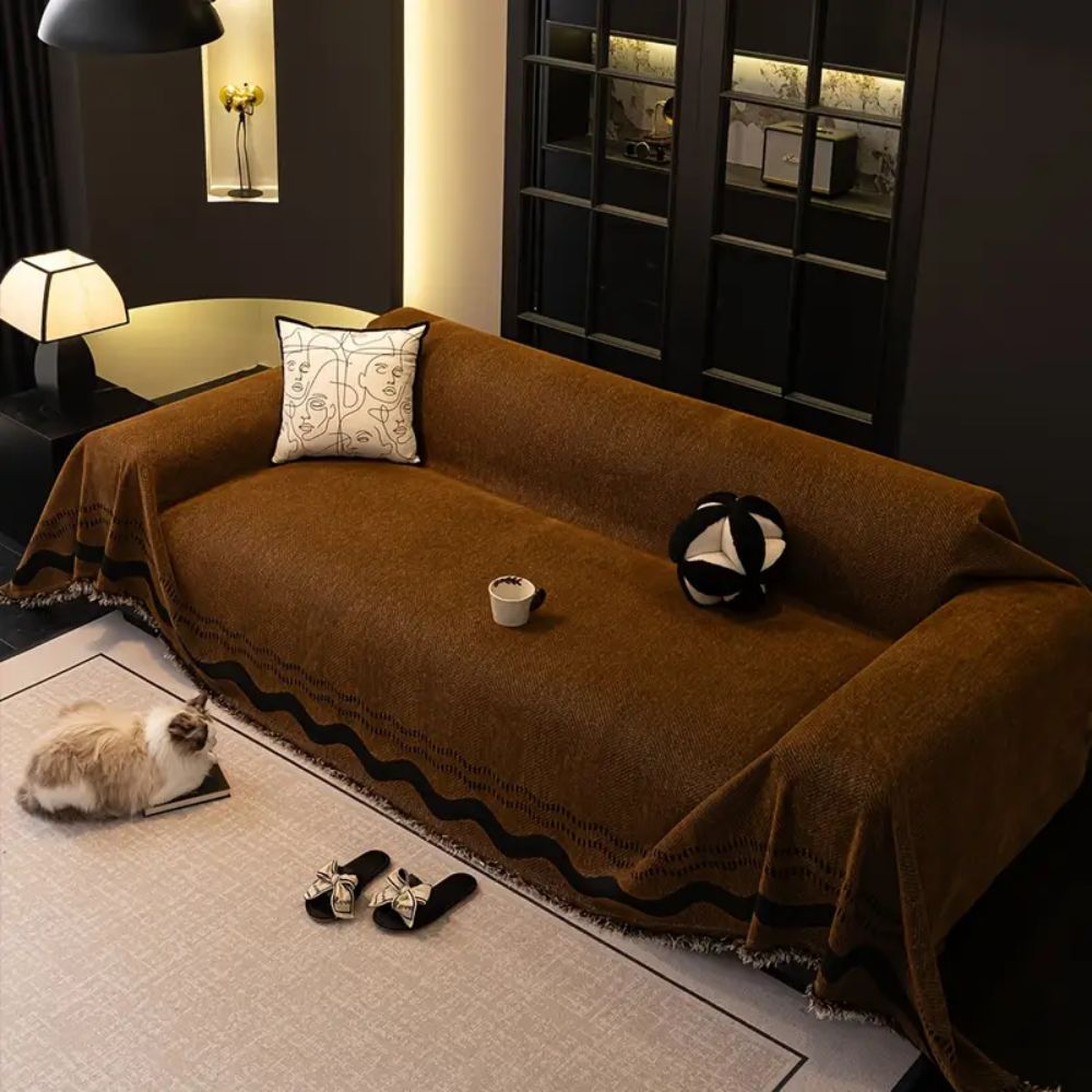 Brown woven sofa cover with black border design, modern couch protector for living room furniture and home decor