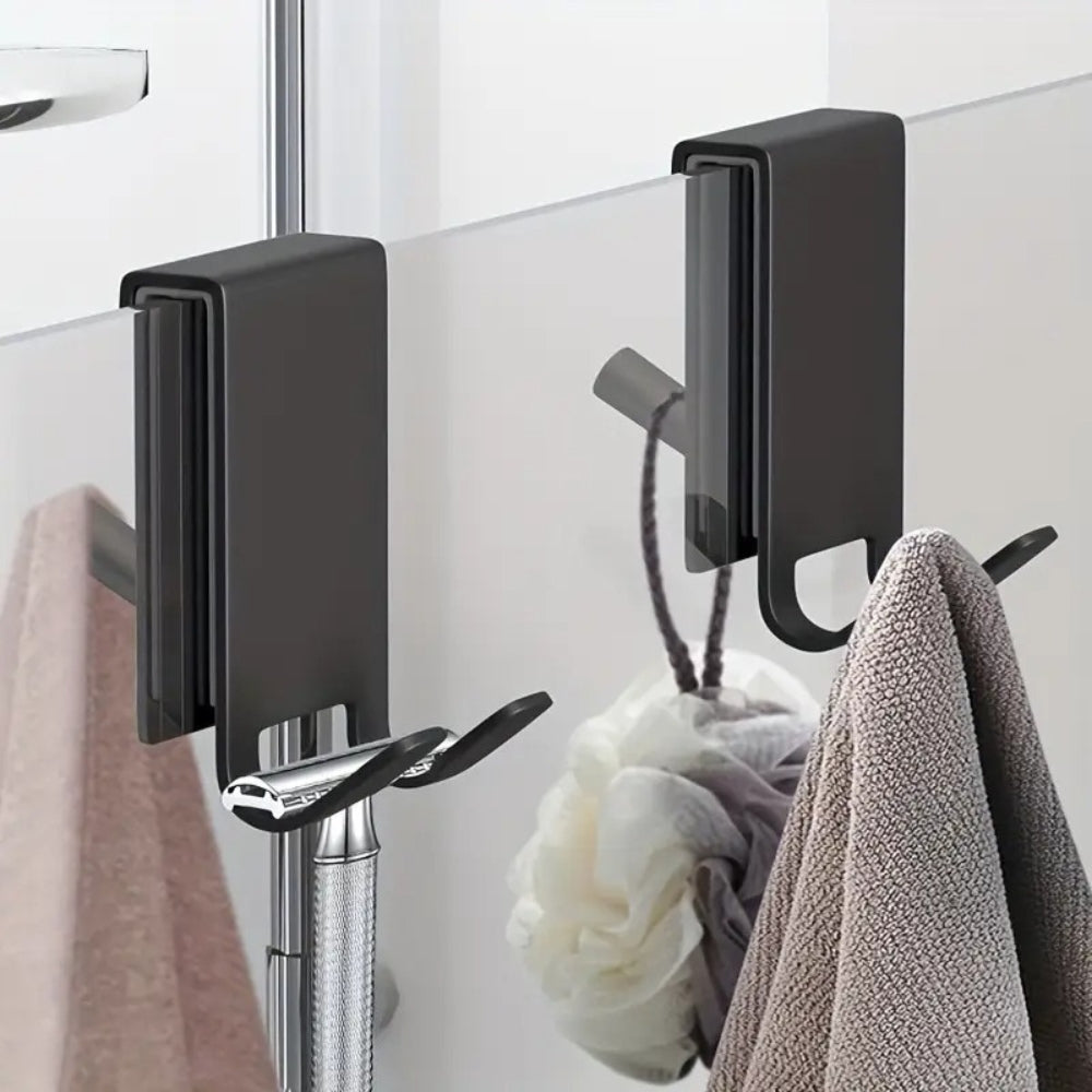 Stainless shower door hooks – Polished finish – Space-saving design – Easy no-drill installation