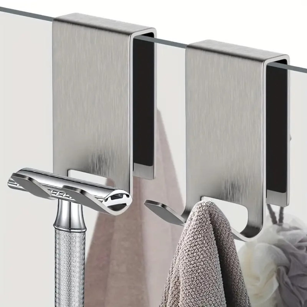 Stainless shower door hooks – Polished finish – Space-saving design – Easy no-drill installation