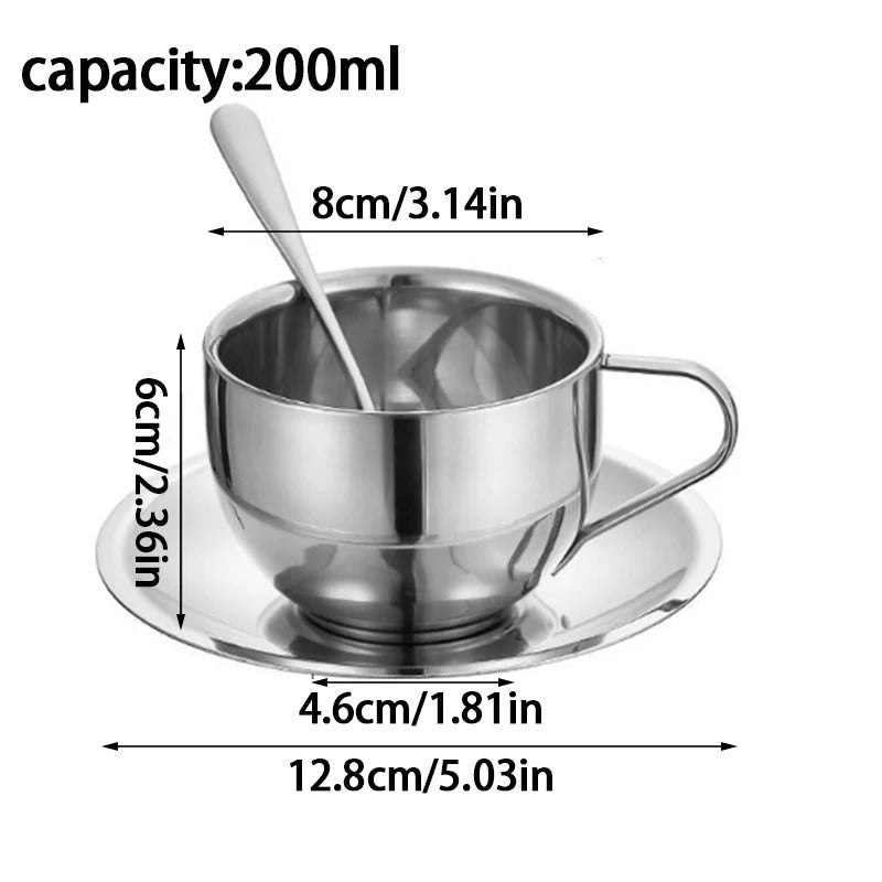 Stainless steel coffee cup set – Modern design – Includes tray and stirring spoon – Ideal for home or office