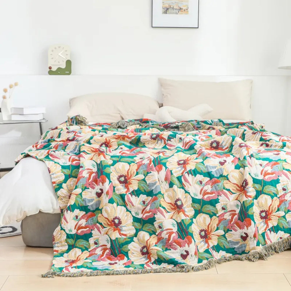 Sunlit Floral Tassel Cotton Blanket