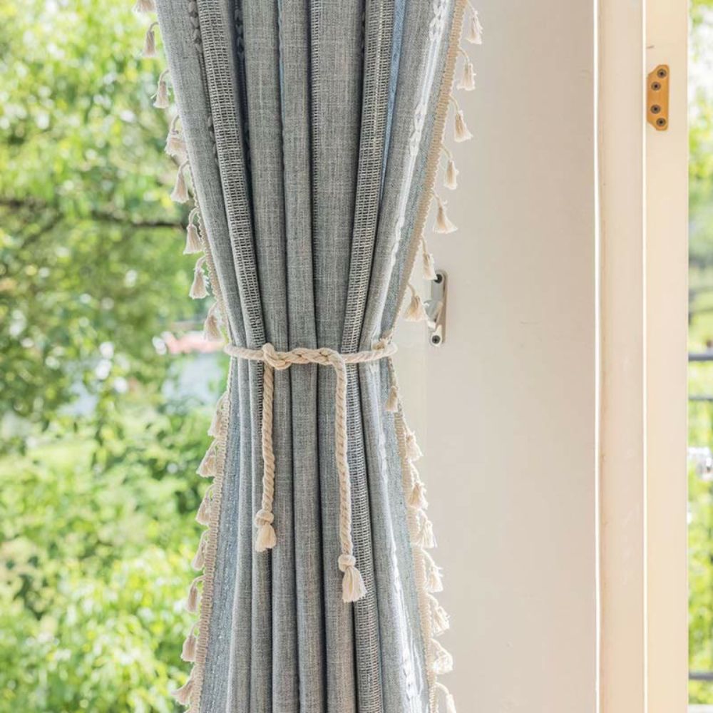 Light blue sheer curtains with tiebacks, elegant window drapes for living room or bedroom home decor