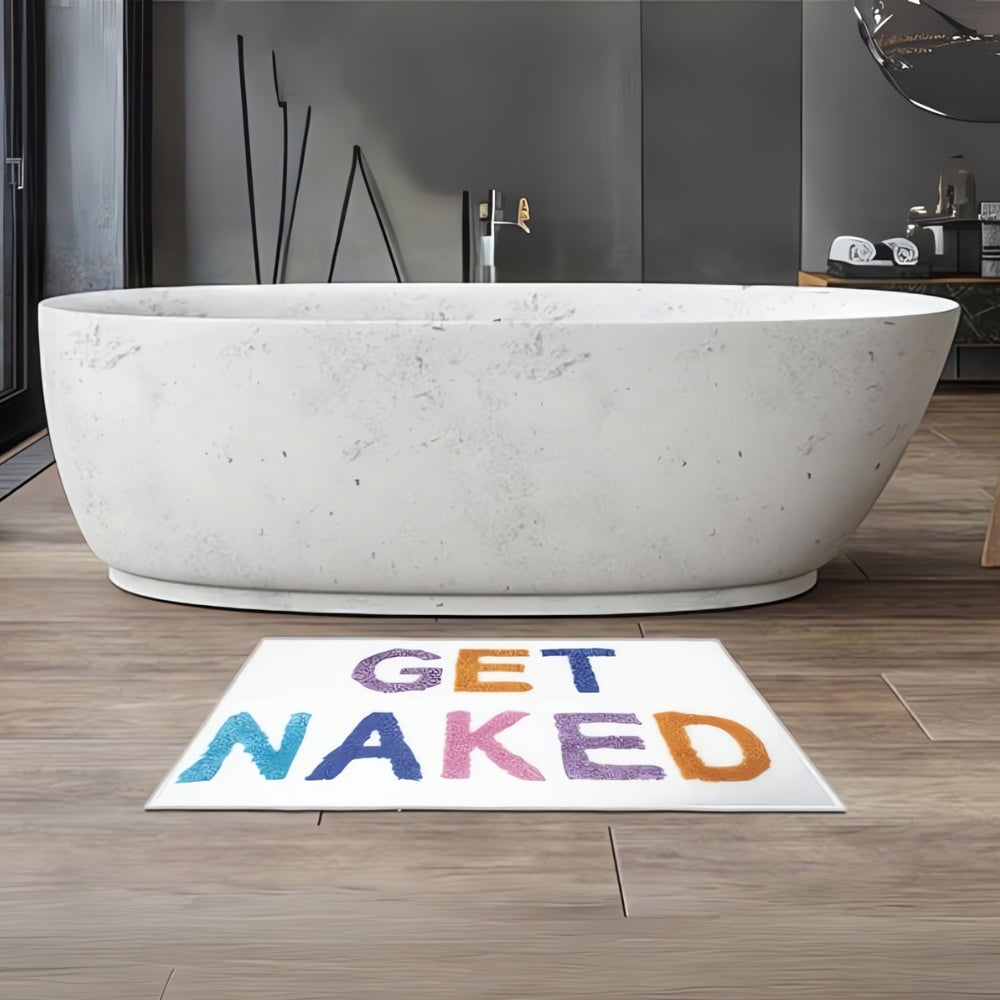 Pink bath mat with bold red ‘Get Naked’ lettering, soft absorbent funny bathroom rug for modern decor