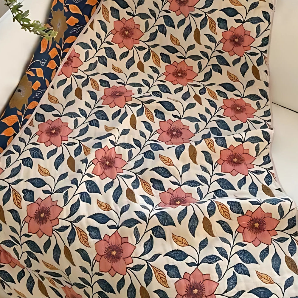 Soft throw blanket with pink floral and blue leaf pattern, cozy decorative blanket for living room, bedroom, or sofa décor
