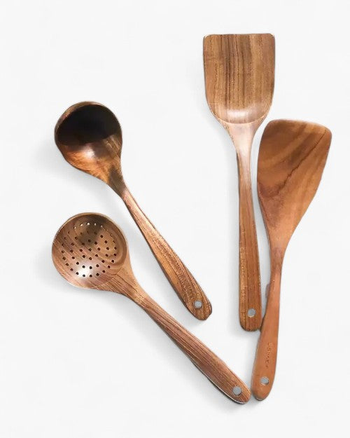 Teak Wooden Kitchen Utensil Set – Durable Cooking Tools – Elegant Design for Cooking and Serving