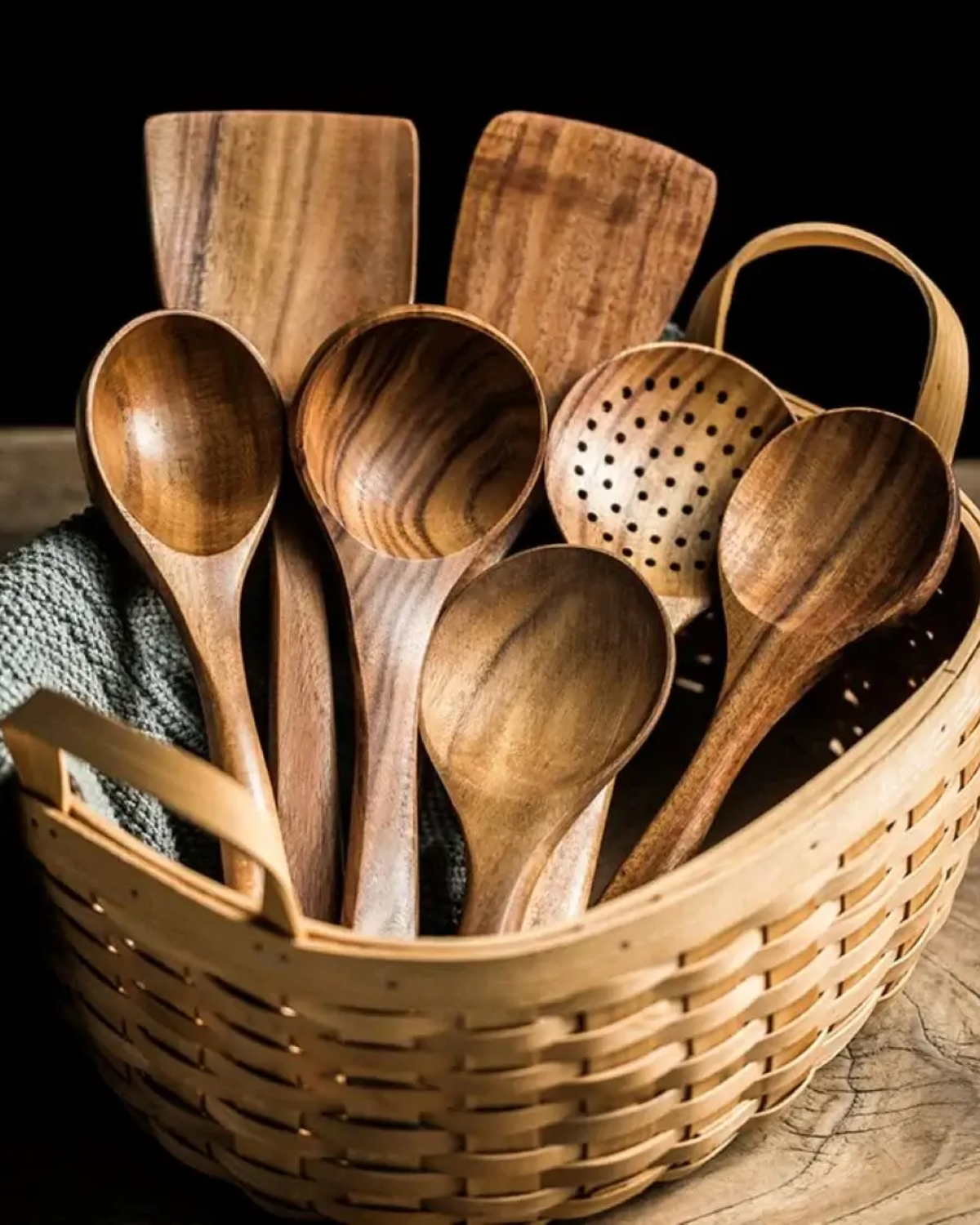 Teak Wooden Kitchen Utensil Set – Durable Cooking Tools – Elegant Design for Cooking and Serving