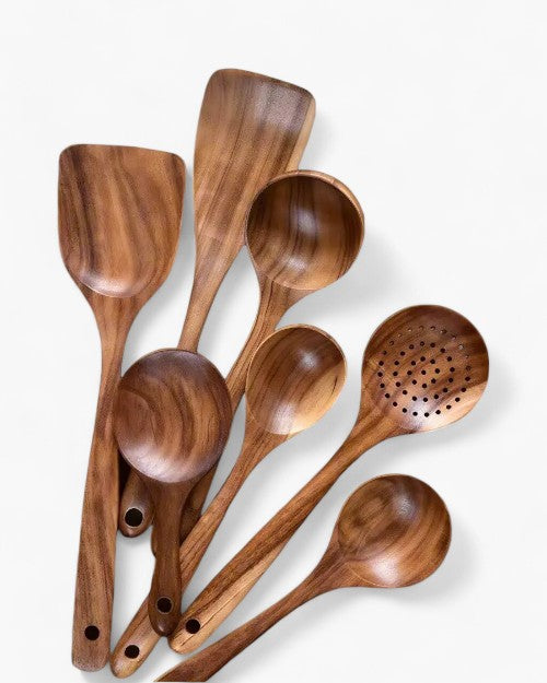 Teak Wooden Kitchen Utensil Set – Durable Cooking Tools – Elegant Design for Cooking and Serving