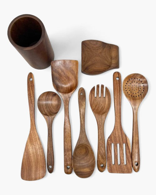 Teak Wooden Kitchen Utensil Set – Durable Cooking Tools – Elegant Design for Cooking and Serving