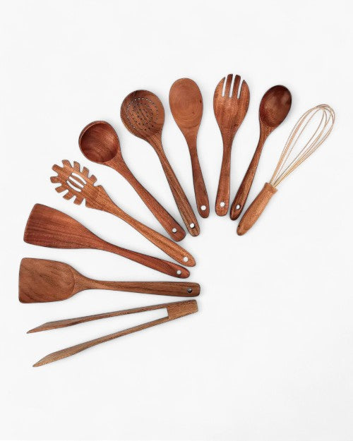 Teak Wooden Kitchen Utensil Set – Durable Cooking Tools – Elegant Design for Cooking and Serving