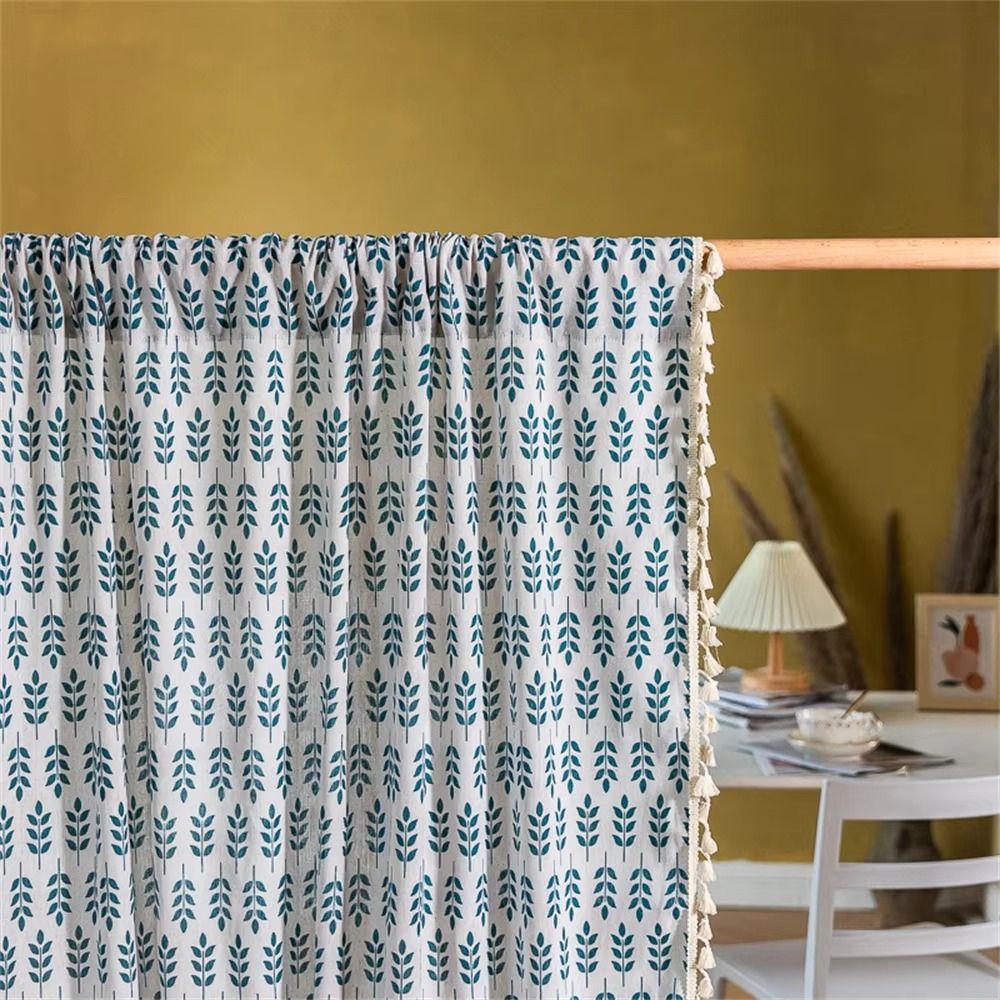 Teal Blue Leaves Semi Sheer Curtains