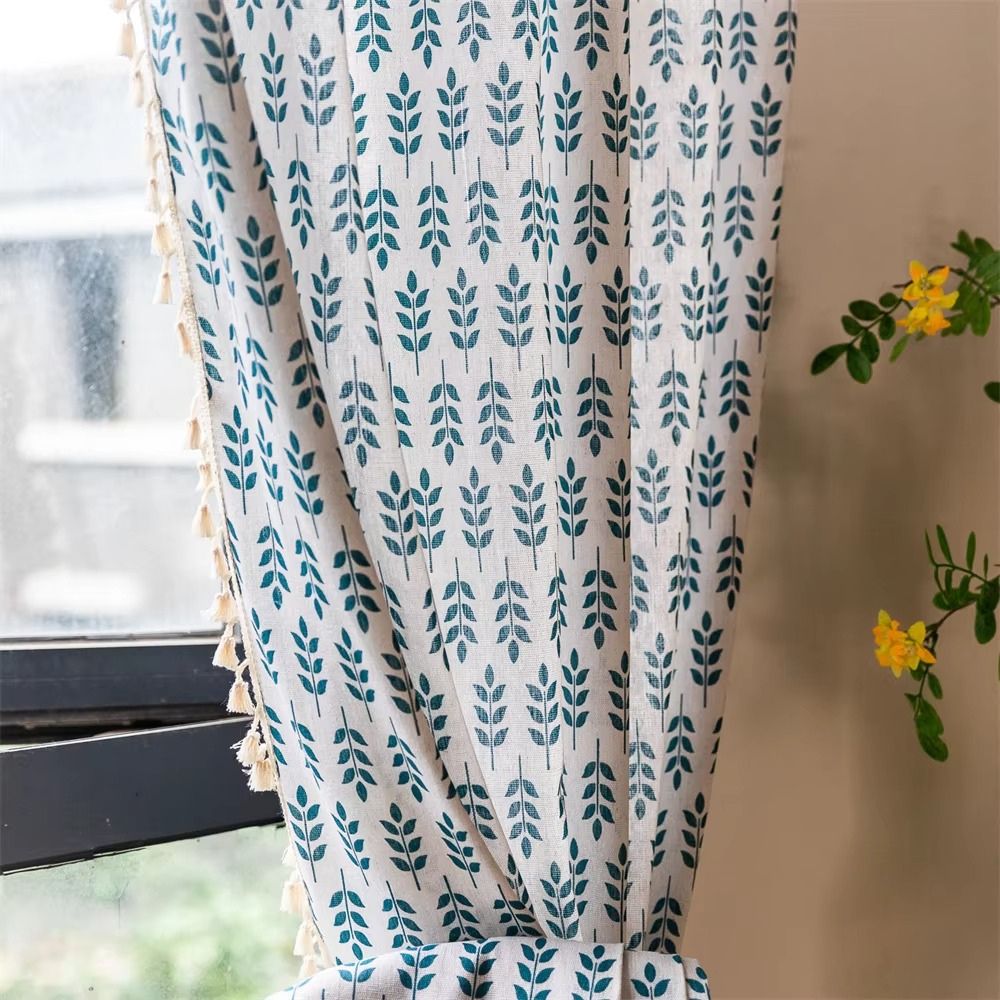 Teal Blue Leaves Semi Sheer Curtains