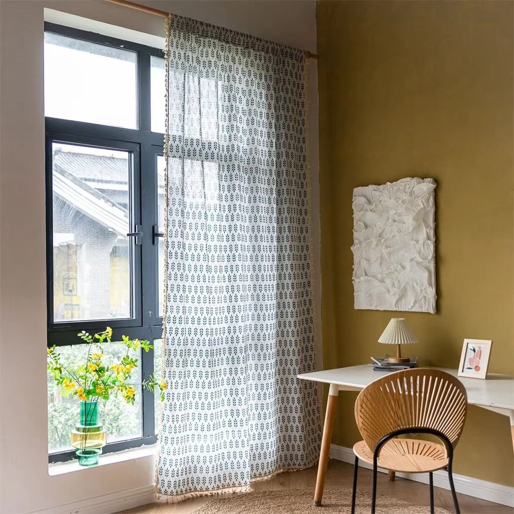 Teal Blue Leaves Semi Sheer Curtains