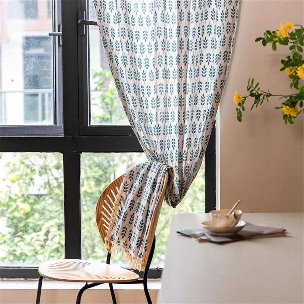 Teal Blue Leaves Semi Sheer Curtains