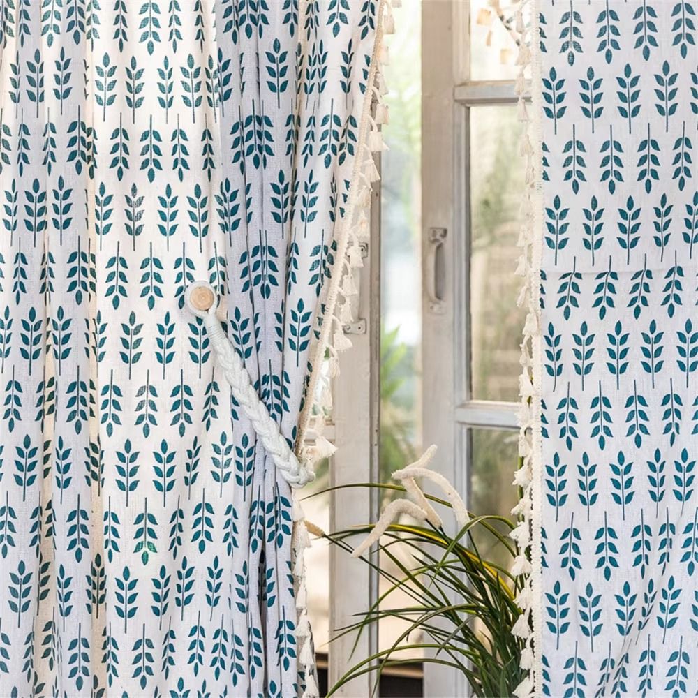 Teal Blue Leaves Semi Sheer Curtains