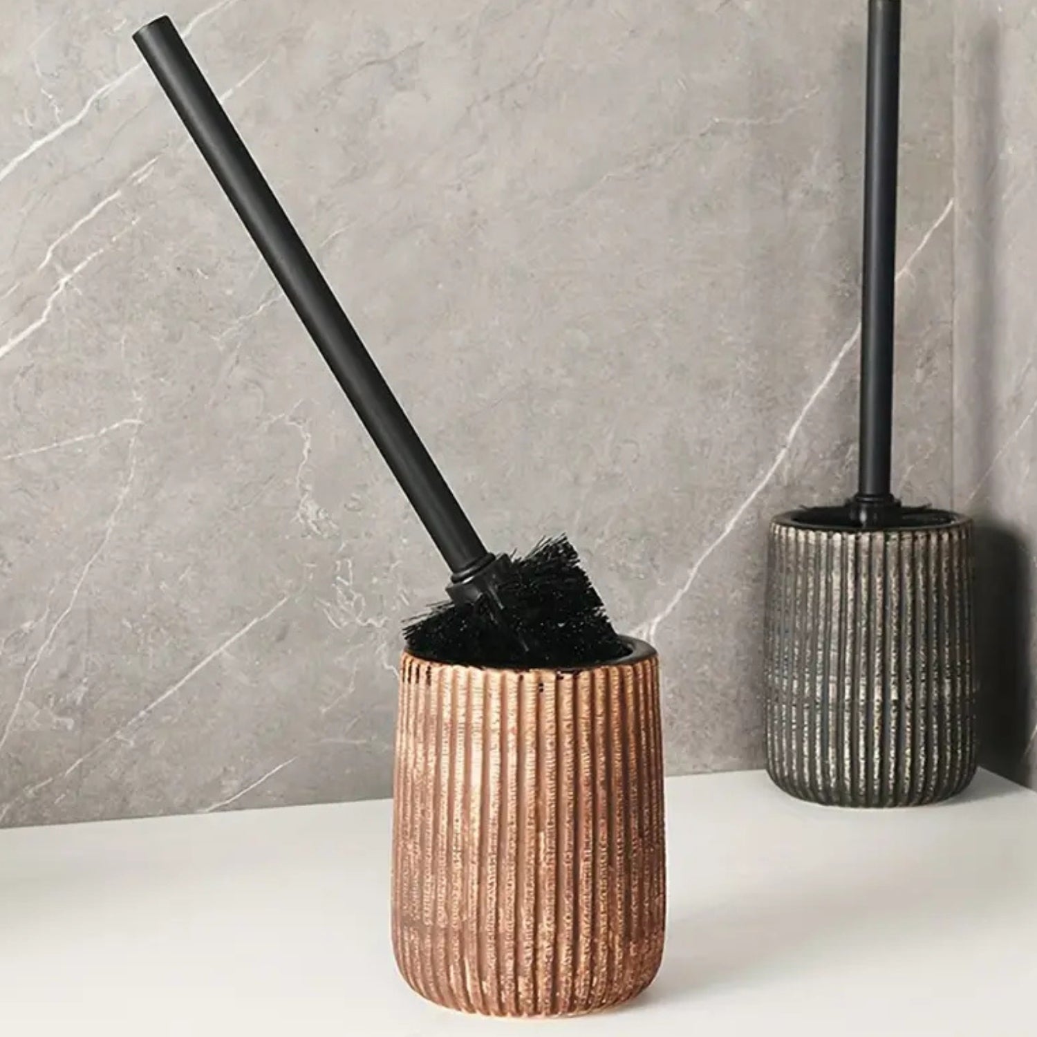 Textured ceramic toilet brush holder with black handle, modern bathroom cleaning brush set in rustic design