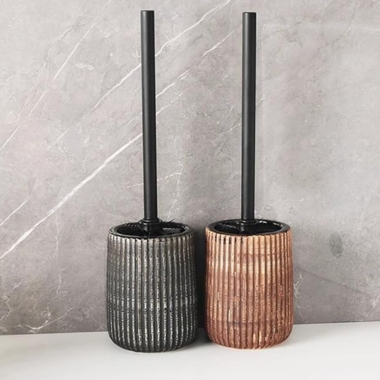 Textured ceramic toilet brush holder with black handle, modern bathroom cleaning brush set in rustic design
