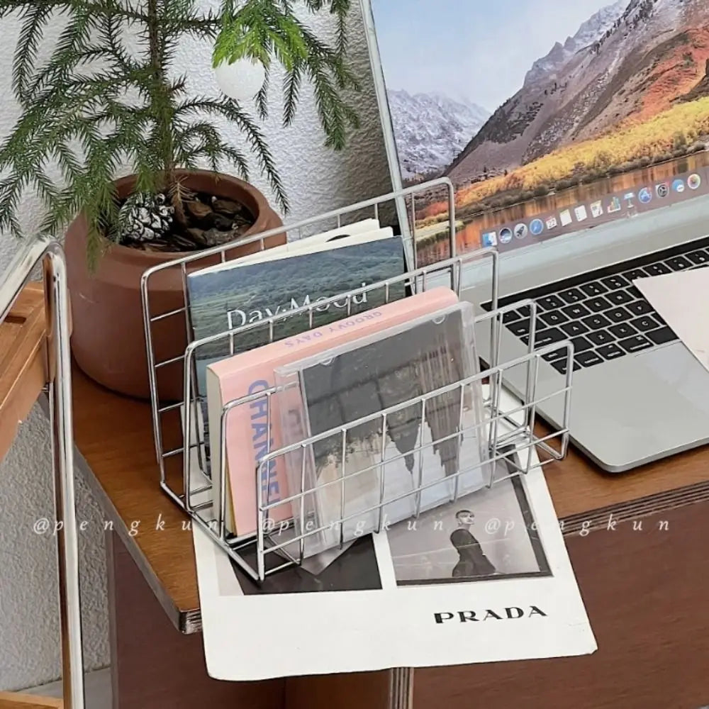 Three-Tier Iron Bookshelf Organizer, Silver - Modern Design for Home and Office Storage, 9.4 x 5.1 x 6.1 Inches