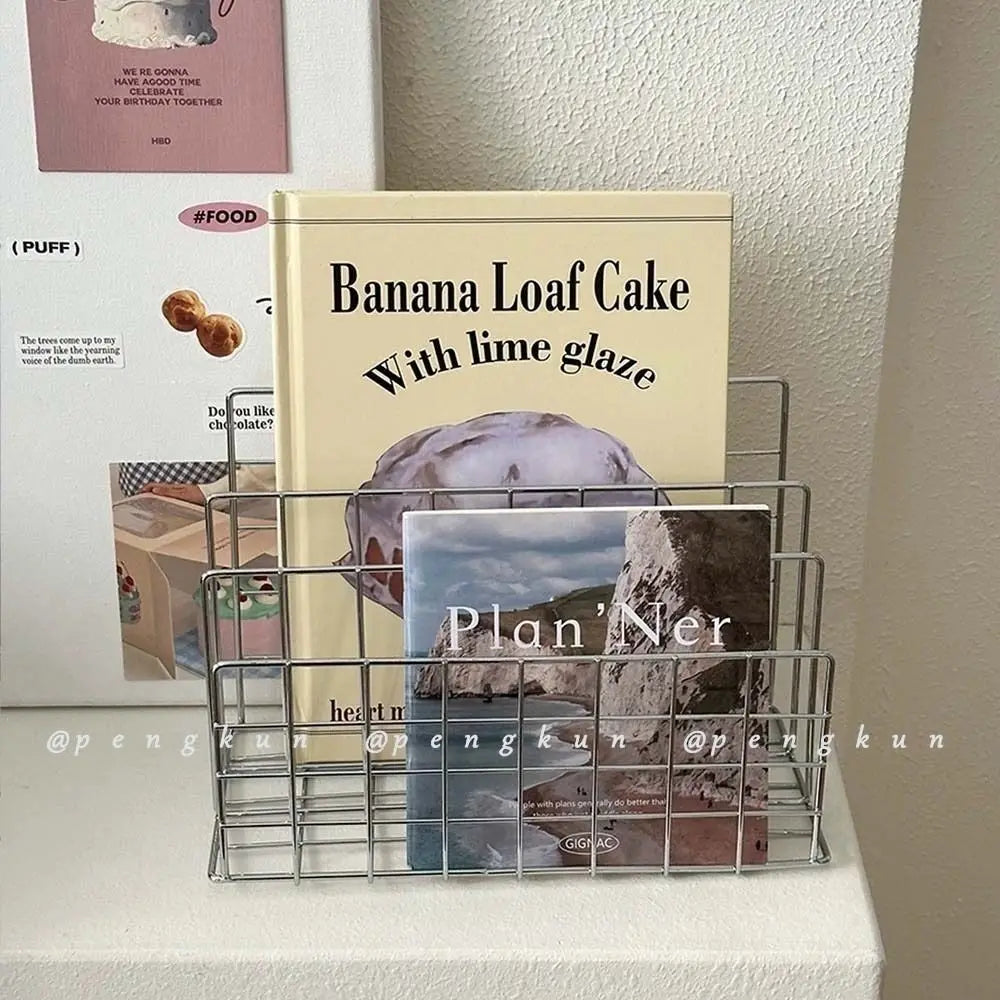 Three-Tier Iron Bookshelf Organizer, Silver - Modern Design for Home and Office Storage, 9.4 x 5.1 x 6.1 Inches