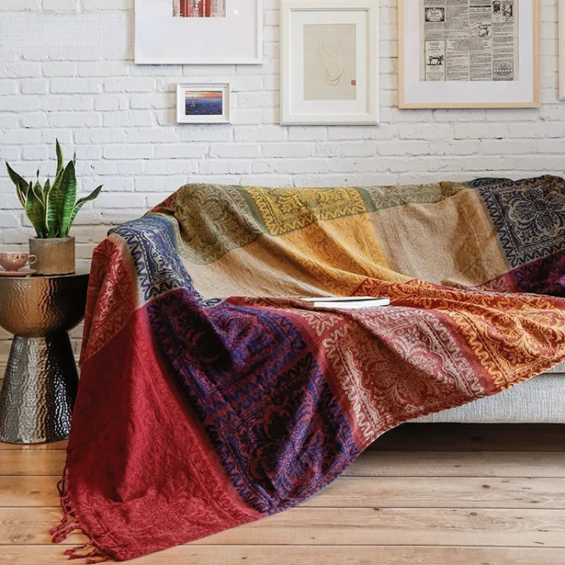 Throw blanket – Soft chenille – Large boho plaid design – Cozy couch cover with tassels – Fall colors