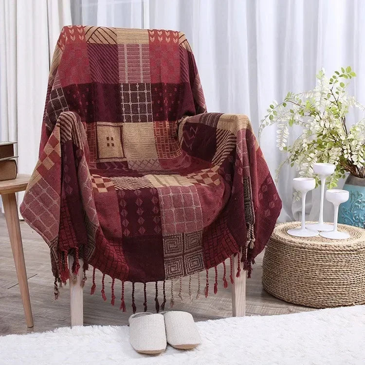 Throw blanket – Soft chenille – Large boho plaid design – Cozy couch cover with tassels – Fall colors