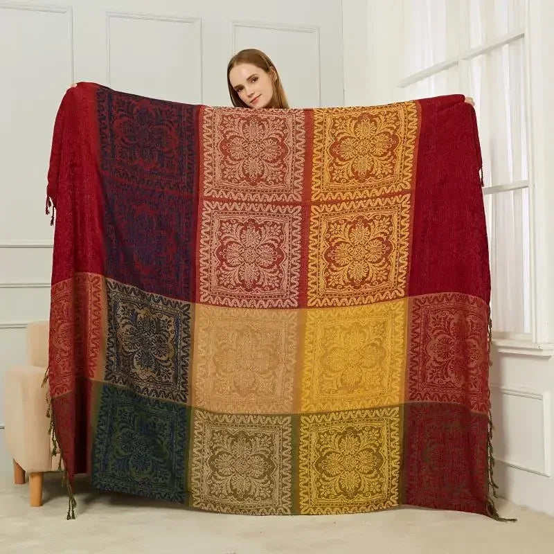 Throw blanket – Soft chenille – Large boho plaid design – Cozy couch cover with tassels – Fall colors