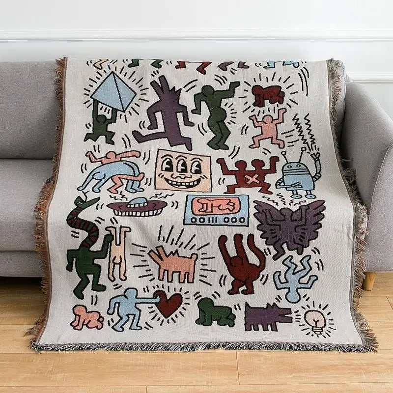 Throw blanket – Soft cotton blend – Multicolor doodle design – Cozy couch accessory – 51.2 x 63 in