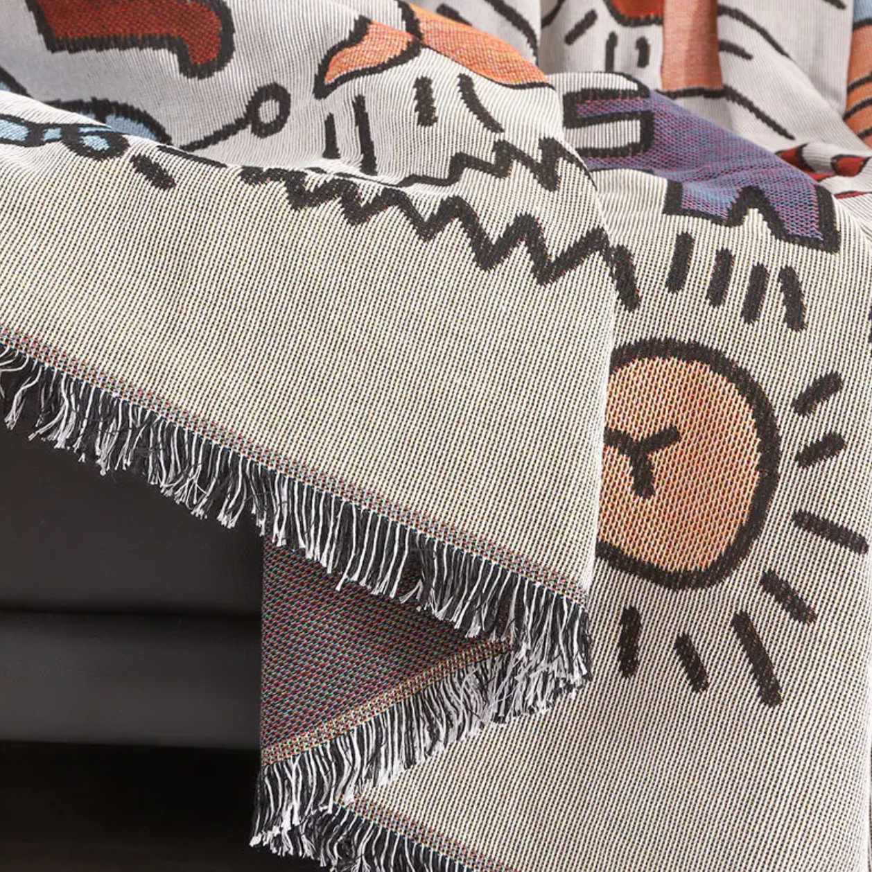 Throw blanket – Soft cotton blend – Multicolor doodle design – Cozy couch accessory – 51.2 x 63 in